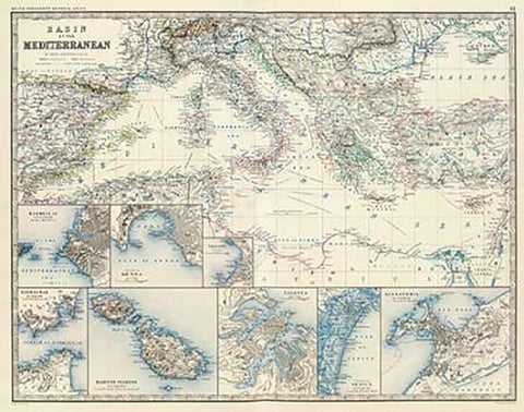 Mediterranean Basin, 1861 Black Ornate Wood Framed Art Print with Double Matting by Johnston, Alexander Keith