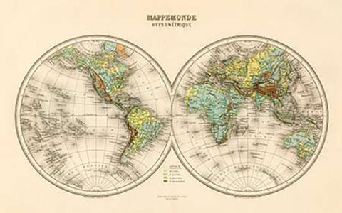 Mappe Monde, Hypsometrique, 1892 White Modern Wood Framed Art Print with Double Matting by Migeon, J.