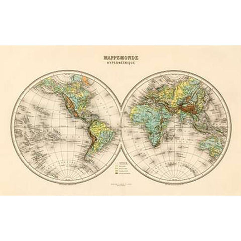 Mappe Monde, Hypsometrique, 1892 Black Modern Wood Framed Art Print by Migeon, J.
