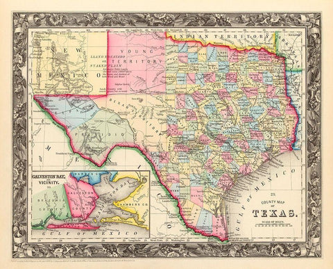 County Map Of Texas, 1860 White Modern Wood Framed Art Print with Double Matting by Mitchell, Samuel Augustus