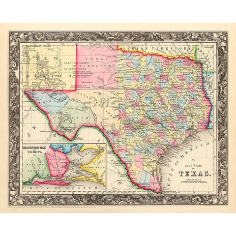 County Map Of Texas, 1860 Black Modern Wood Framed Art Print by Mitchell, Samuel Augustus