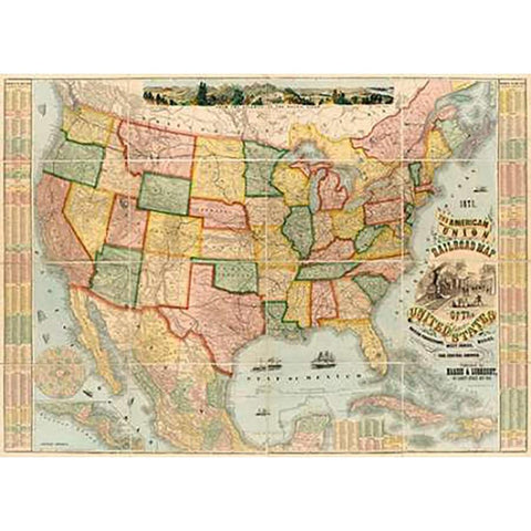 American Union Railroad Map Of The United States, 1871 Gold Ornate Wood Framed Art Print with Double Matting by Haasis and Lubrecht