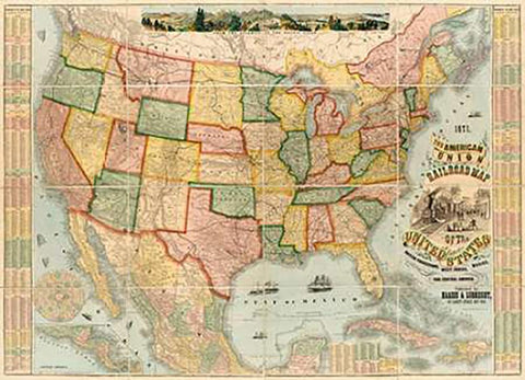 American Union Railroad Map Of The United States, 1871 Black Ornate Wood Framed Art Print with Double Matting by Haasis and Lubrecht