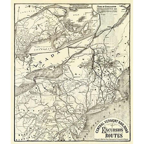 Central Vermont. RR. excursion routes, 1879 White Modern Wood Framed Art Print by Central Vermont Railroad Company