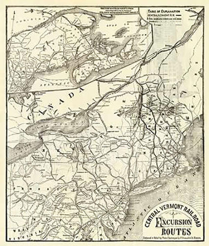 Central Vermont. RR. excursion routes, 1879 White Modern Wood Framed Art Print with Double Matting by Central Vermont Railroad Company
