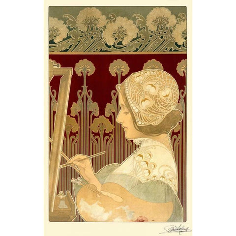 Woman Painting Gold Ornate Wood Framed Art Print with Double Matting by Livemont, Privat