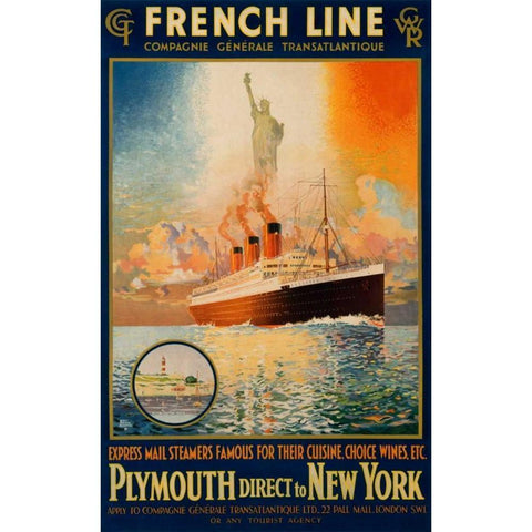 French Line/Plymouth to New York/â€Parisâ€ White Modern Wood Framed Art Print by Rodmell, Harry Hudson
