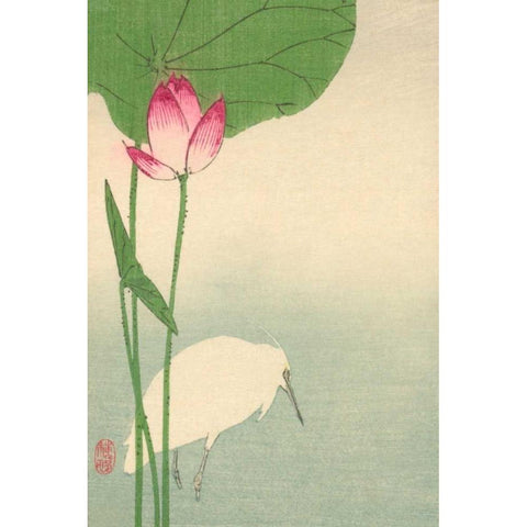 White heron and lotus, 1894 White Modern Wood Framed Art Print by Baison