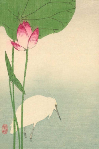 White heron and lotus, 1894 White Modern Wood Framed Art Print with Double Matting by Baison