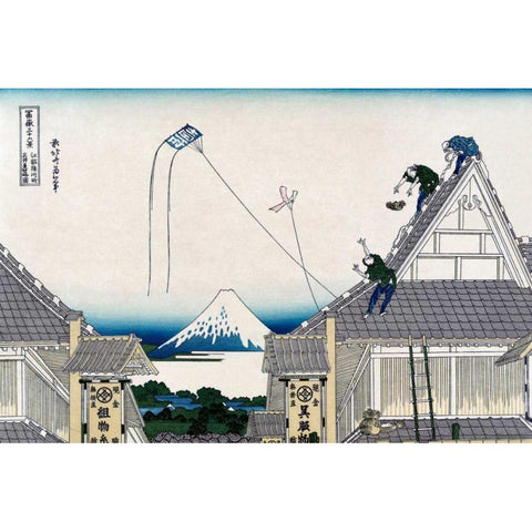 A Ketch of the Mitsui Shop in SurugStreet in Edo, 1830 Gold Ornate Wood Framed Art Print with Double Matting by Hokusai