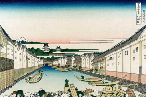 Nihonbashi Bridge in Edo, 1830 Black Ornate Wood Framed Art Print with Double Matting by Hokusai