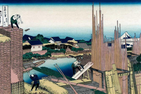 Honjo Tatekawa, the Timber yard at Honjo, 1830 White Modern Wood Framed Art Print with Double Matting by Hokusai