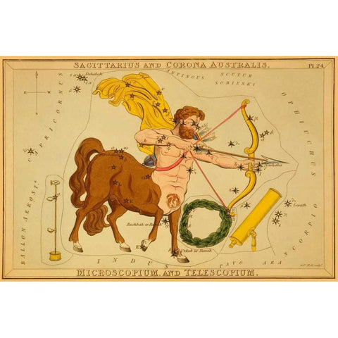 Sagittarius and Corona Australis, Microscopium, and Telescopium, 1825 Gold Ornate Wood Framed Art Print with Double Matting by Aspin, Jehoshaphat