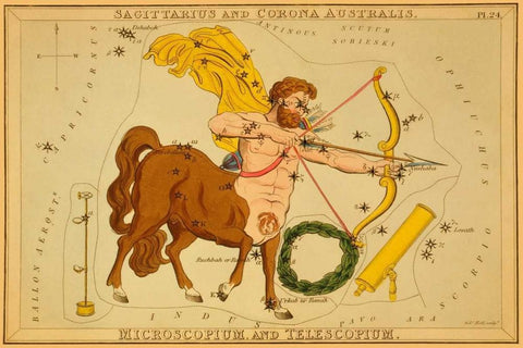 Sagittarius and Corona Australis, Microscopium, and Telescopium, 1825 Black Ornate Wood Framed Art Print with Double Matting by Aspin, Jehoshaphat