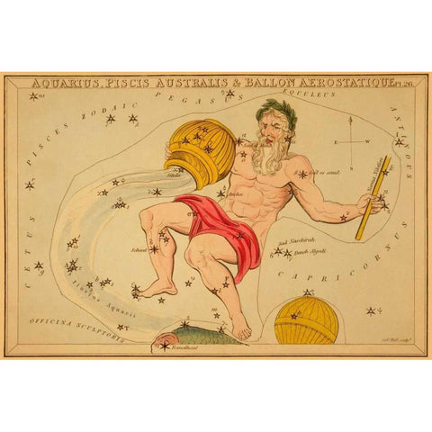 Aquarius, Piscis Australis and Ballon Aerostatique, 1825 Gold Ornate Wood Framed Art Print with Double Matting by Aspin, Jehoshaphat