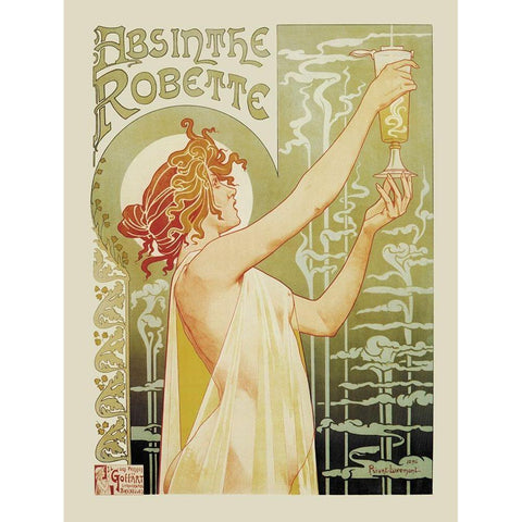 Absinthe Rebette Gold Ornate Wood Framed Art Print with Double Matting by Livemont, Privat