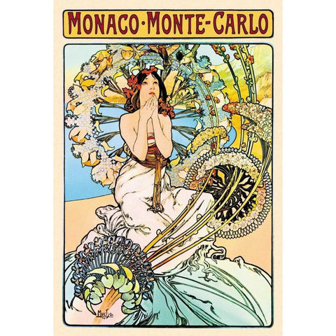 Monaco - Monte Carlo White Modern Wood Framed Art Print by Mucha, Alphonse