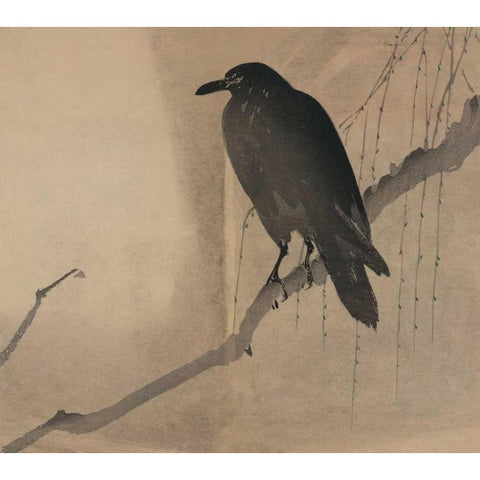 Crow on a willow branch, 1875 Gold Ornate Wood Framed Art Print with Double Matting by Unknown