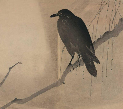 Crow on a willow branch, 1875 White Modern Wood Framed Art Print with Double Matting by Unknown