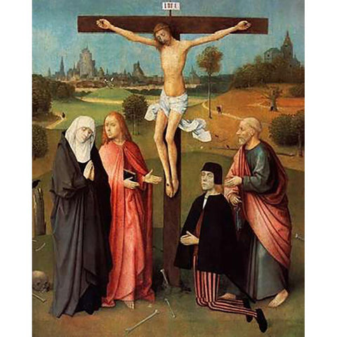 Calvary With Donor White Modern Wood Framed Art Print by Bosch, Hieronymus