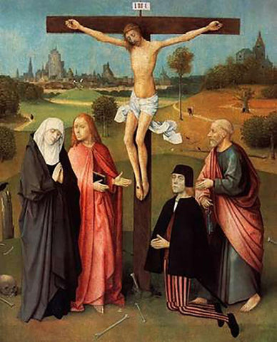 Calvary With Donor White Modern Wood Framed Art Print with Double Matting by Bosch, Hieronymus