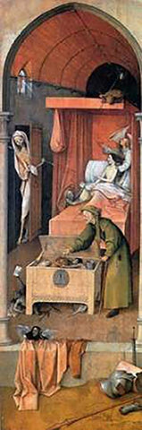 Death And The Miser White Modern Wood Framed Art Print with Double Matting by Bosch, Hieronymus