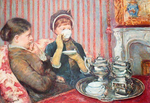 A Cup Of Tea 1880 White Modern Wood Framed Art Print with Double Matting by Cassatt, Mary