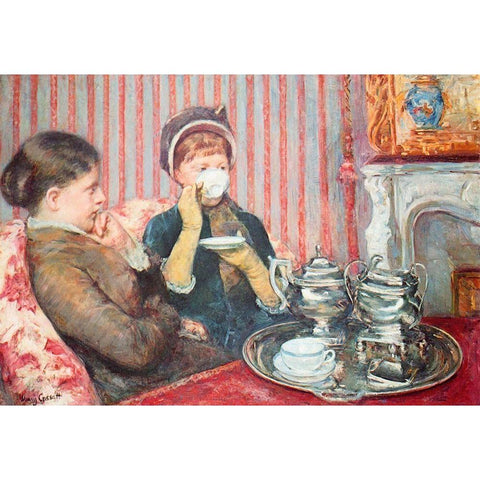 A Cup Of Tea 1880 Gold Ornate Wood Framed Art Print with Double Matting by Cassatt, Mary