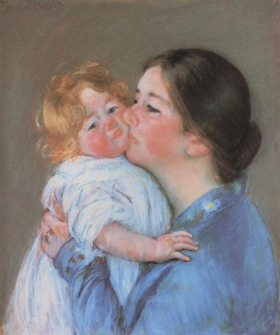 A Kiss For Baby Anne 1897 White Modern Wood Framed Art Print with Double Matting by Cassatt, Mary