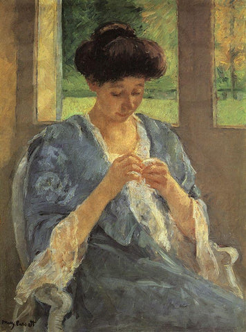 Augusta Sewing Before A Window 1910 White Modern Wood Framed Art Print with Double Matting by Cassatt, Mary