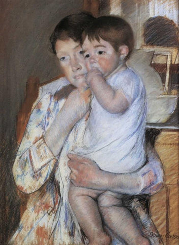 Baby In His Mother Arms 1889 White Modern Wood Framed Art Print with Double Matting by Cassatt, Mary