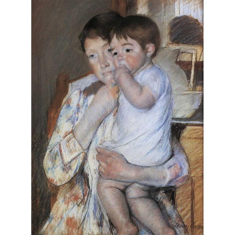 Baby In His Mother Arms 1889 Black Modern Wood Framed Art Print by Cassatt, Mary
