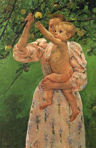 Baby Reaching For An Apple 1893 White Modern Wood Framed Art Print with Double Matting by Cassatt, Mary