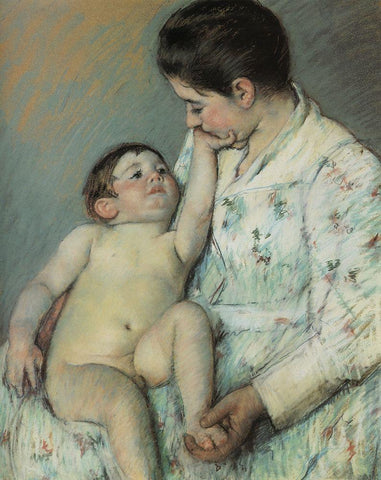 Babys First Caress 1891 White Modern Wood Framed Art Print with Double Matting by Cassatt, Mary