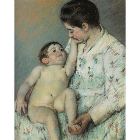 Babys First Caress 1891 Gold Ornate Wood Framed Art Print with Double Matting by Cassatt, Mary