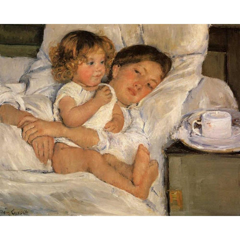 Breakfast In Bed 1897 White Modern Wood Framed Art Print by Cassatt, Mary