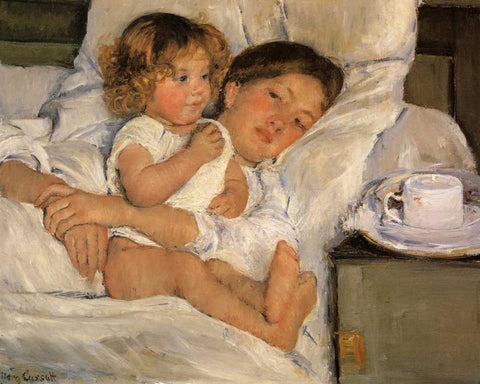 Breakfast In Bed 1897 White Modern Wood Framed Art Print with Double Matting by Cassatt, Mary