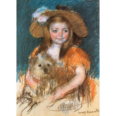 Child Holding A Dog 1901 Gold Ornate Wood Framed Art Print with Double Matting by Cassatt, Mary