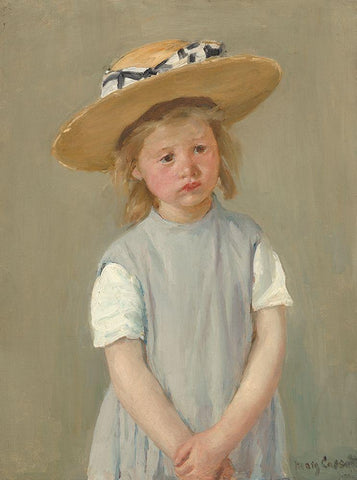 Child With Straw Hat - Version 2 White Modern Wood Framed Art Print with Double Matting by Cassatt, Mary