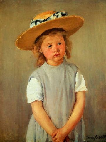 Child With Straw Hat White Modern Wood Framed Art Print with Double Matting by Cassatt, Mary