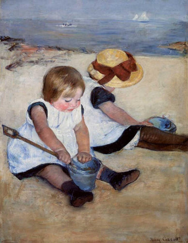 Children Playing On The Beach 1884 Black Ornate Wood Framed Art Print with Double Matting by Cassatt, Mary