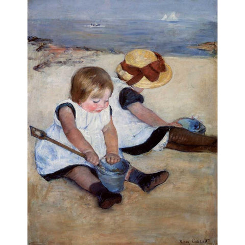 Children Playing On The Beach 1884 Black Modern Wood Framed Art Print by Cassatt, Mary