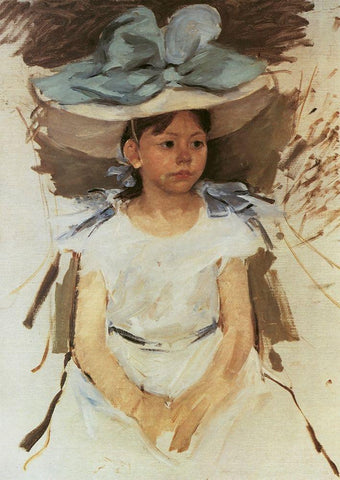Ellen Mary In A Big Blue Hat 1905 White Modern Wood Framed Art Print with Double Matting by Cassatt, Mary