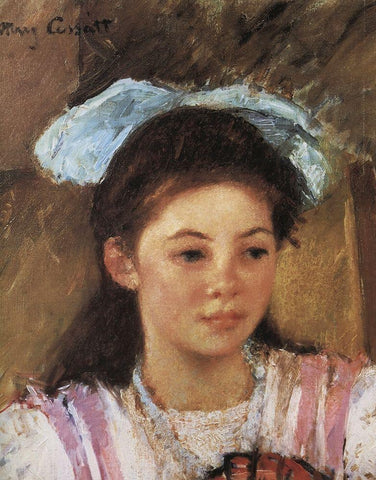 Ellen Mary With A Large Bow In Her Hair 1908 White Modern Wood Framed Art Print with Double Matting by Cassatt, Mary