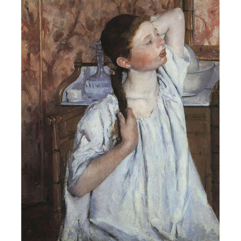 Girl Arranging Her Hair 1886 Gold Ornate Wood Framed Art Print with Double Matting by Cassatt, Mary