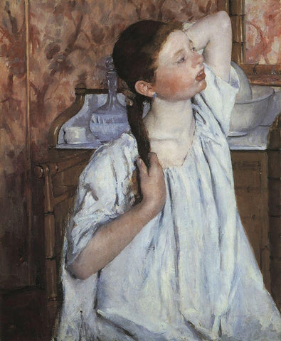 Girl Arranging Her Hair 1886 Black Ornate Wood Framed Art Print with Double Matting by Cassatt, Mary