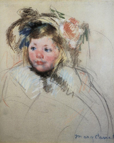 Head Of Sara In A Bonnet Looking To The Left 1901 White Modern Wood Framed Art Print with Double Matting by Cassatt, Mary