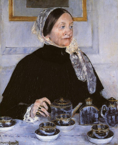 Lady At The Tea Table 1883 White Modern Wood Framed Art Print with Double Matting by Cassatt, Mary