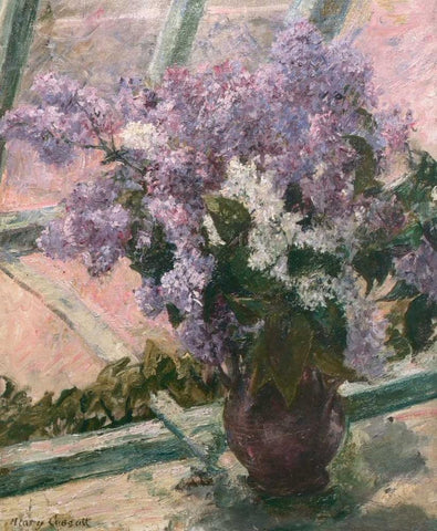 Lilacs In A Window 1880 White Modern Wood Framed Art Print with Double Matting by Cassatt, Mary