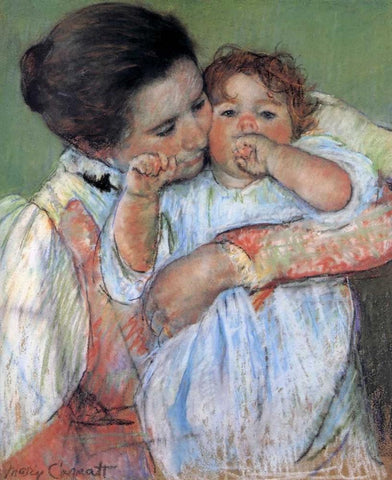 Little Anne Sucking Her Finger 1897 Black Ornate Wood Framed Art Print with Double Matting by Cassatt, Mary